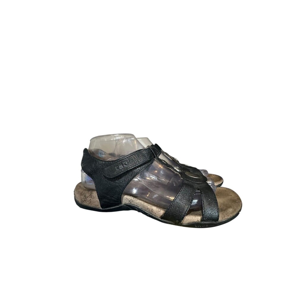 Taos Pioneer Sandals Black Leather Hook Loop Cork Sandals Womens Sz 8 Boho